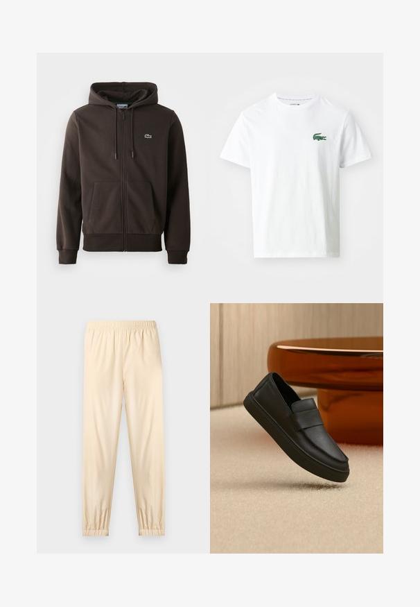 Brauner Reißverschluss-Hoodie aus weichem Material, mit Kapuze, zwei Fronttaschen und einem kleinen grünen Krokodil-Logo auf der Brust.; Lacoste T-Shirt print - white/green; Hellbeige elastische Bundhose mit gesammelten Bündchen, geradem Schnitt und glattem Stoff, präsentiert auf einem schlichten hellen Hintergrund.; Schwarzer Leder-Pantoffel mit einem Riemen über dem Obermaterial, positioniert auf einem beigen Teppich und neben einem braunen runden Tisch.