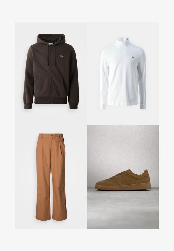 Brun zip-up hoodie lavet af blødt stof, med hætte, to forlommer og et lille grønt krokodillelogo på brystet.; Hvid langærmet turtleneck trøje lavet af blødt stof, med et lille grønt broderet logo på brystet og tætsiddende mancher.; Bukser med vide ben i et varmt brunt stof, med frontknaplukning, diskrete folder og en lige pasform for en afslappet komfort.; Brun ruskindsneaker med tanfarvede snørebånd og gummisål. Har en rundet snude og synlige stikninger på overdelen. Letvægtsdesign.