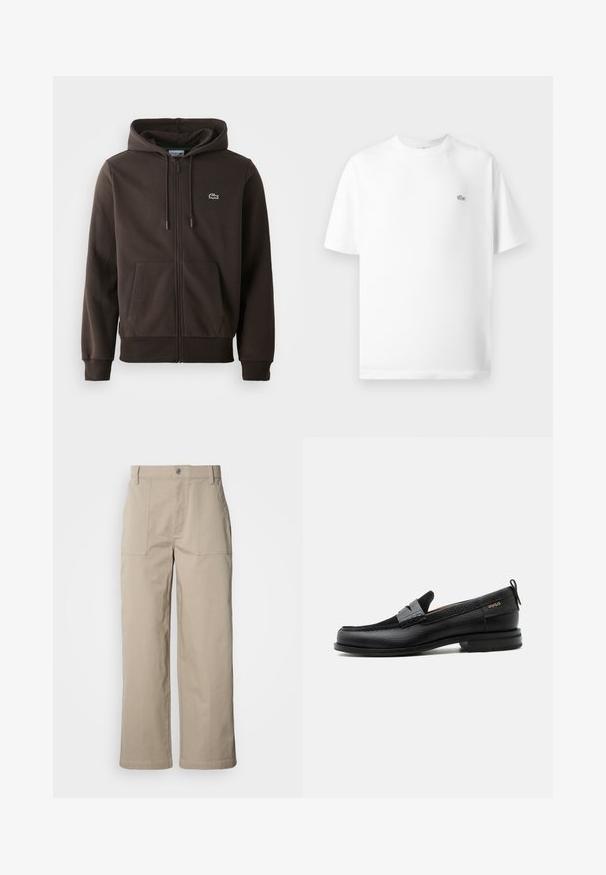 Brauner Reißverschluss-Hoodie aus weichem Material, mit Kapuze, zwei Fronttaschen und einem kleinen grünen Krokodil-Logo auf der Brust.; Weißes Baumwoll-T-Shirt mit Rundhalsausschnitt und kurzen Ärmeln. Mit einem kleinen schwarzen Lacoste-Logo auf der linken Seite der Brust.; Beige Hosen mit weitem Bein aus Baumwolle; mit vorderen aufgesetzten Taschen, einem Knopfverschluss und sichtbaren Nähten entlang der Säume.; Schwarzer Lederloafer mit grauem Riemendetail, niedrigem Absatz und strukturierter Sohle, seitlich mit „HUGO“ in Gold gebrandmarkt.