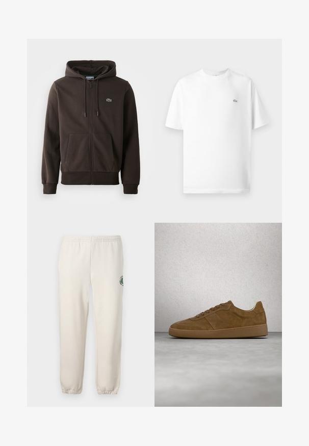 Brun zip-up hoodie lavet af blødt stof, med hætte, to forlommer og et lille grønt krokodillelogo på brystet.; Hvid bomulds t-shirt med rund hals og korte ærmer. Har et lille sort Lacoste-logo på venstre side af brystet.; Lys beige sweatpants lavet af bomuld, med elastisk talje, ribbede mansjetter og et grønt logo med bladdesign på venstre ben.; Brun ruskindsneaker med tanfarvede snørebånd og gummisål. Har en rundet snude og synlige stikninger på overdelen. Letvægtsdesign.