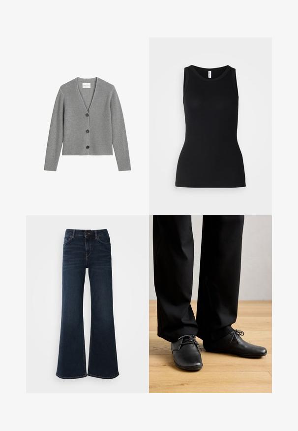Cárdigan gris de canalé, hecho de material de punto suave, con cuello en V, mangas largas y tres botones negros en la parte delantera.; Top sin mangas negro hecho de tela acanalada, con un escote redondo y un diseño ajustado, con una textura suave y sin patrones.; Mos Mosh HERA - Vaqueros a campana - dark blue; Persona con zapatos de vestir negros y pantalones negros de pie sobre un suelo de madera clara, frente a un fondo liso.