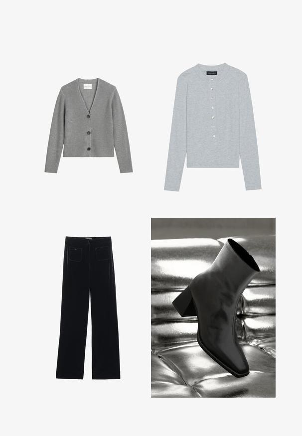Cárdigan gris de canalé, hecho de material de punto suave, con cuello en V, mangas largas y tres botones negros en la parte delantera.; Cárdigan gris de manga larga hecho de tela acanalada, con escote redondo y seis botones frontales con un ligero brillo.; Pantalones de terciopelo negro de pierna ancha con dos bolsillos traseros y una textura suave, con un corte recto y un acabado dobladillo en los tobillos.; Botín negro de tobillo hecho de material brillante, con punta cuadrada y tacón cónico, contra un fondo plateado brillante con almohadillado.