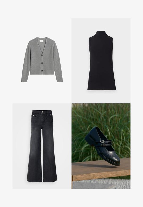 Grå ribbet cardigan lavet af blødt strikmateriale, med V-hals, lange ærmer og tre sorte knapper foran.; Sort ærmeløs turtleneck top, lavet af glat stof. Figurtilpasset design med høj hals og lige kant, minimalistisk og ensfarvet.; Sorte denim brede ben jeans med høj talje, forknapper og to forlommer; glat tekstur med en let falmet finish.; Sort læder Mary Jane-sko med dobbelte spænder og brogue-detaljer, der svæver over en træbænk med grøn græsbaggrund.