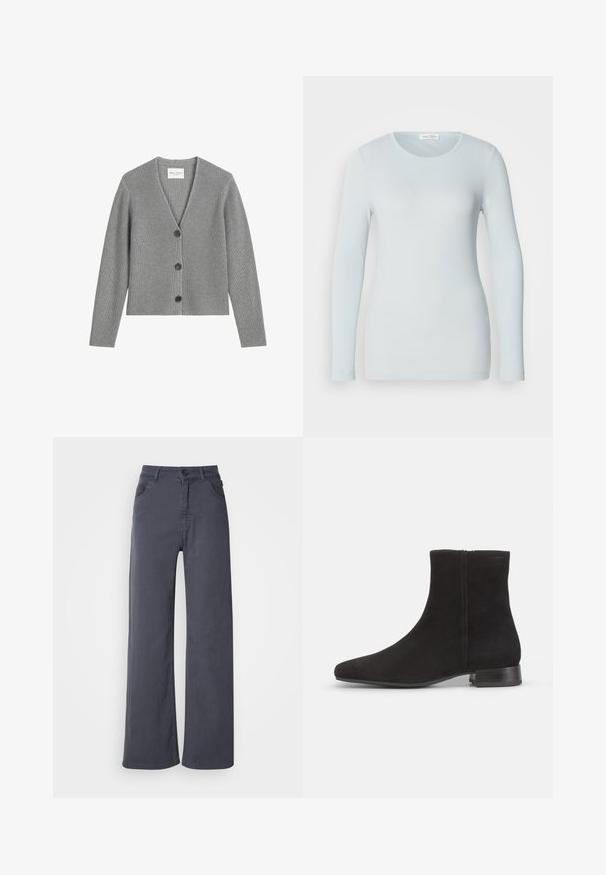 Grå ribbet cardigan lavet af blødt strikmateriale, med V-hals, lange ærmer og tre sorte knapper foran.; Lysblå langærmet T-shirt lavet af ribbet stof. Har en rund halsudskæring og en slim fit. Glat tekstur uden synlige mønstre eller pynt.; Mørkegrå lige ben bukser med forlommer, bæltesløjfer og en knap- og lynlåslukning på en hvid baggrund.; Sorte ruskind ankelstøvler med spidse tæer og en lav blokhæld. Glat tekstur, minimal syning og en sidelåsdetalje.