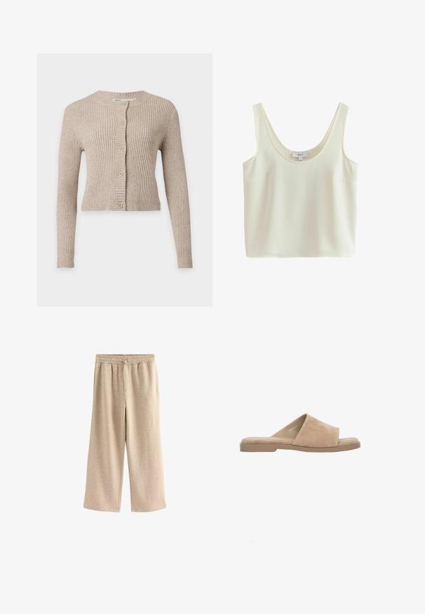 Cardigan beige en maille côtelée avec manches longues, col rond et cinq boutons sur le devant.; Débardeur court sans manches couleur crème avec larges bretelles et encolure dégagée, en tissu lisse.; Pantalons larges de couleur crème en tissu doux en mélange de coton. Ils présentent une taille élastique avec cordon de serrage et une texture subtilement mouchetée.; Sandale beige en daim à bout ouvert, plate avec une large bride et une semelle intérieure rembourrée, présentée sur fond blanc.