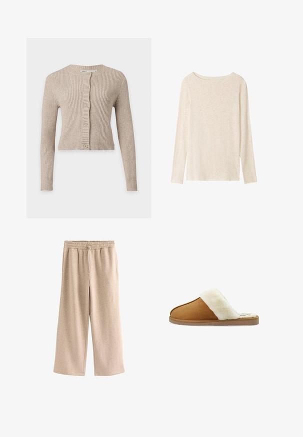 Cardigan beige en maille côtelée avec manches longues, col rond et cinq boutons sur le devant.; Top en maille beige clair à manches longues avec encolure bateau et texture chinée subtile.; Pantalon beige à jambes larges avec taille élastique et cordon, en tissu doux et moucheté.; Pantoufle en daim brun avec un revers en fourrure blanche, conception à bout ouvert, texture douce et semelle plate en caoutchouc. Présente des coutures contrastées pour le détail.