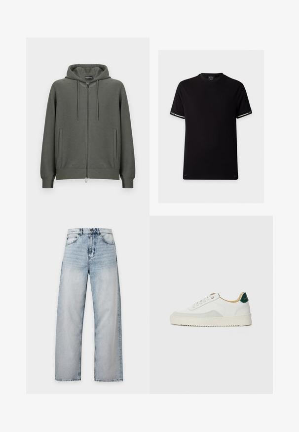 Sweat à capuche zippé en tissu doux de couleur vert foncé, avec une capuche, deux poches latérales et un motif discret en relief sur toute la surface. Détail de la fermeture éclair en argent inclus.; T-shirt noir à manches courtes avec col rond, rayures blanches et logo Armani Exchange sur les poignets des manches.; Jean en denim bleu clair délavé, coupe droite, design classique cinq poches, fermeture par bouton à la taille.; Baskets blanches avec des accents en daim, bout arrondi, lacets plats et semelle en caoutchouc crème. Présente une marque verte sur le talon.