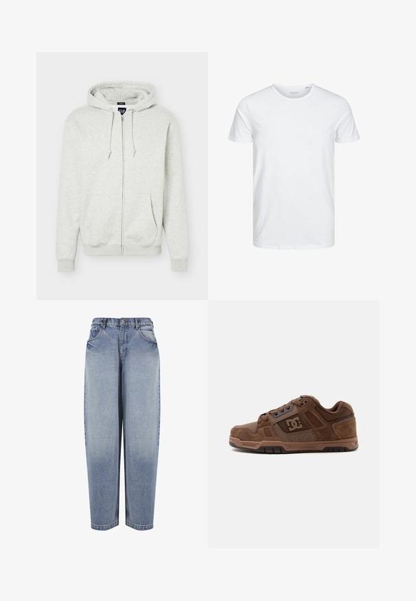 Sweat à capuche zippé gris clair avec poches avant, capuche avec cordon, poignets et ourlet côtelés, présenté sur un fond uni.; T-shirt à col rond à manches courtes de couleur blanche unie, fabriqué en coton doux, avec un design simple sans motifs ni accents visibles.; Jean en denim bleu taille haute et coupe ample, avec poches avant, passants de ceinture, fermeture par boutons et détails délavés le long des jambes.; Chaussure de skate DC basse marron avec panneaux en suède et mesh, fermeture à lacets et semelle en caoutchouc sur fond gris clair.
