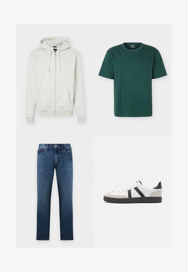 Sweat à capuche zippé gris clair avec poches avant, capuche avec cordon, poignets et ourlet côtelés, présenté sur un fond uni.; T-shirt vert foncé à manches courtes avec col rond, coupe décontractée, étiqueté heavyweight par GAP, présenté sur fond blanc.; Jean en denim bleu foncé à coupe droite avec fermeture à bouton et fermeture éclair à l'avant, poches avant et arrière, présenté sur fond blanc.; Baskets blanches avec des accents noirs et gris, présentant un embout texturé gris, une semelle en caoutchouc noir et des lacets plats blancs. Design épuré, style minimaliste.