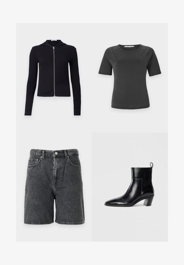 Sort ribbet zip-hoodie lavet af strækstof, med lange ærmer, et tætsiddende design og en lille hætte. Lynlåsen går fra nakken til kanten.; Mørkegrå kortærmet t-shirt med rund halsudskæring, lavet af glat stof, med raglanærmer og et minimalistisk design.; Sortvasket denim shorts med bæltestropper, frontknap, lynlås-lukning og klassisk fem-lomme design.; Sort læder ankelstøvle med spids tå, geometrisk stablet hæl og en løftestrop bagpå. Glat tekstur og slankt design.