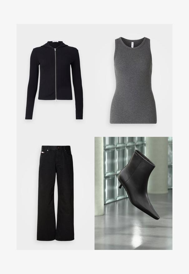 Sort ribbet zip-hoodie lavet af strækstof, med lange ærmer, et tætsiddende design og en lille hætte. Lynlåsen går fra nakken til kanten.; Grå ærmeløs tanktop lavet af ribbet materiale; har en rund halsudskæring og et tætsiddende design. Ingen mønstre eller yderligere detaljer.; Sorte breddebenede jeans lavet af bomuld. Har forlommer, en knaplukning og en klassisk denimtekstur. Minimalistisk design uden mønstre.; Sort læderankelstøvle med spids tå og lille hæl vist mod en væg af glasblokke og poleret gulv baggrund.