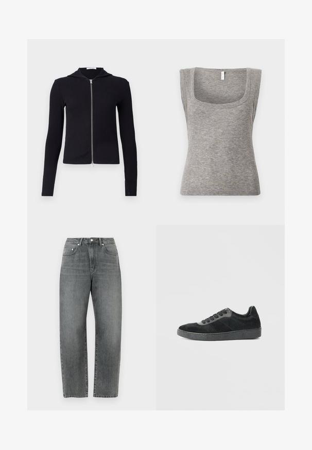 Sort ribbet zip-hoodie lavet af strækstof, med lange ærmer, et tætsiddende design og en lille hætte. Lynlåsen går fra nakken til kanten.; Grå ærmeløs ribstrikket tanktop med firkantet udskæring og tætsiddende pasform, der fremhæver en glat tekstur og let stretch.; Grå denimjeans har en lige ben-snit, klassisk design med fem lommer og metalknapdetaljer foran.; Sorte sneakers lavet af ruskind og pels med en tekstureret gummisål. Har snørebåndsdesign og subtile paneldetaljer.