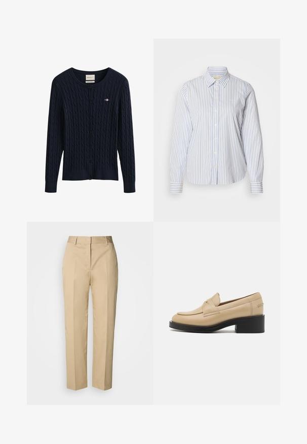 Mørkeblå kabelstrikket cardigan med knapper, lange ærmer og en lille broderet logo på brystet.; Blå- og hvidstribet skjorte med knapper, klassisk krave, lange ærmer og en lige kant. Stoffet har en glat tekstur.; Beige bukser med lige ben, bæltestropper, forreste pres, og skjult lukning, vist mod en lys baggrund.; BOSS IRYNA - Loafers - light beige