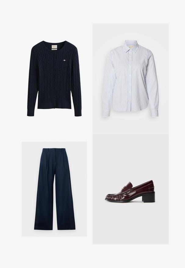 Mørkeblå kabelstrikket cardigan med knapper, lange ærmer og en lille broderet logo på brystet.; Blå- og hvidstribet skjorte med knapper, klassisk krave, lange ærmer og en lige kant. Stoffet har en glat tekstur.; Mørkeblå bukser med høj talje og vide ben med frontfolder og bæltestropper på en ensartet lys baggrund.; Bordeaux læderloafer med rund tå, samlet tekstur foran og en kort, sort blokhæl. Guldaccents på vamps.