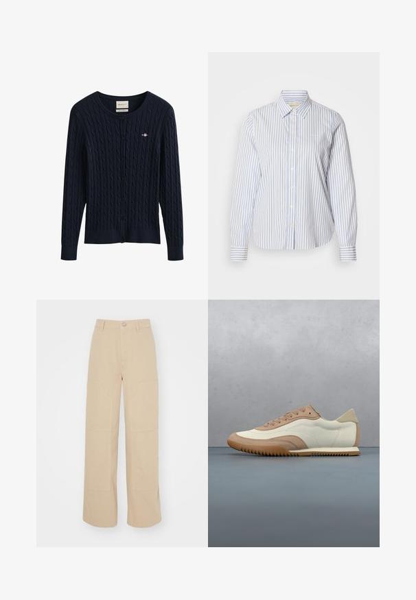 Mørkeblå kabelstrikket cardigan med knapper, lange ærmer og en lille broderet logo på brystet.; Blå- og hvidstribet skjorte med knapper, klassisk krave, lange ærmer og en lige kant. Stoffet har en glat tekstur.; Beige brede bukser lavet af bomuld. Har to store frontlommer og en metalknaplukning i taljen. Glat tekstur.; Sneaker i creme og beige med tekstureret overdel, snørebånd og gummisål, vist oven på en træoverflade med småsten.