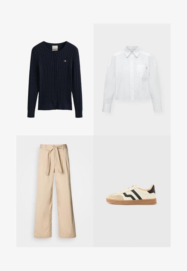 Cárdigan de punto con diseño de cable en azul marino, con botones, mangas largas y un pequeño logo bordado en el pecho.; Camisa blanca de manga larga con botones, cuello y bolsillo en el pecho con un pequeño logo bordado.; Pantalones de pierna ancha beige con cintura alta ceñida por un cinturón, que presentan pliegues en la parte delantera y una textura suave. Sin bolsillos ni patrones evidentes.; Zapatillas con cordones que presentan una parte superior color crema con rayas negras y una puntera de ante, complementadas con una suela de goma marrón.