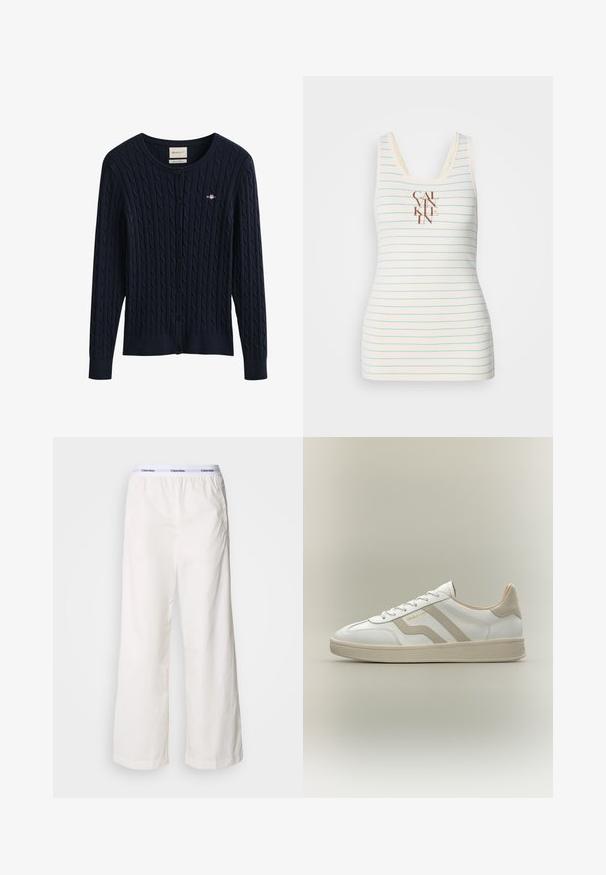 Navy blauwe kabelgebreide cardigan met knopen, lange mouwen en een klein geborduurd logo op de borst.; Mouwloos tanktop gemaakt van crèmekleurige stof met blauwe horizontale strepen en een gecentreerd bruin "CALVIN KLEIN" logo. Soepele textuur.; Witte wijde broek met een elastische tailleband met een contrasterend Calvin Klein-logo. Gemaakt van gladde stof, bieden ze een ontspannen fit.; Witte lage sneaker met beige accenten, veters en een gestructureerde zool, voorzien van merknaam "GANT" aan de zijkant.