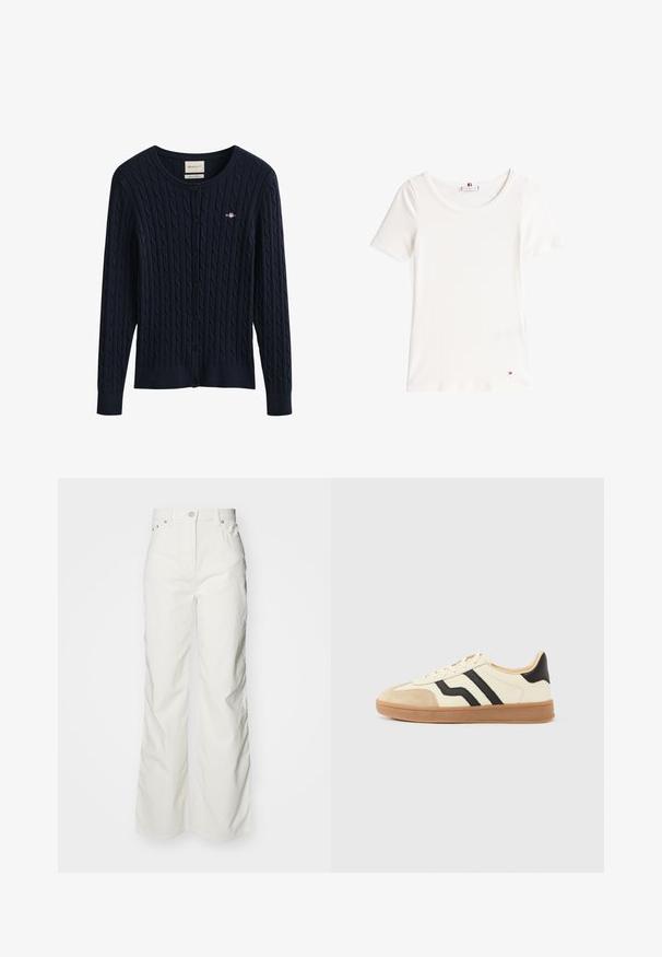 Mørkeblå kabelstrikket cardigan med knapper, lange ærmer og en lille broderet logo på brystet.; Hvid ribbet t-shirt med korte ærmer, rund hals og en lille rød, hvid og blå logoaccent ved den nederste kant.; Hvide brede jeans med høj talje, fremstillet af tekstureret bomuldsstof, med fem lommer og metalhardware detaljer.; Snørestøvler med en cremefarvet overdel med sorte striber og en ruskindsnæsetip, suppleret med en brun gummisål.