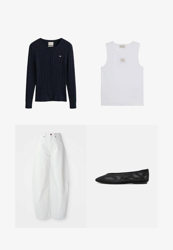 Marineblauer, kabelgestrickter Cardigan mit Knöpfen, langen Ärmeln und einem kleinen bestickten Logo auf der Brust.; Weißes ärmelloses Tanktop mit Calvin Klein Jeans-Label auf der Brust und einem Etikett nahe dem Halsausschnitt vor weißem Hintergrund.; Hochtaillierte weiße Denim-Hose mit lockerer Passform. Einfacher Knopfverschluss, seitliche Taschen und minimalistisches Design. Glatte Textur.; Schwarzer Mesh-Flachschuh mit geschlossener Spitze und niedrigem Absatz, mit atmungsaktivem gewebtem Design und dezentem seitlichem Logo.