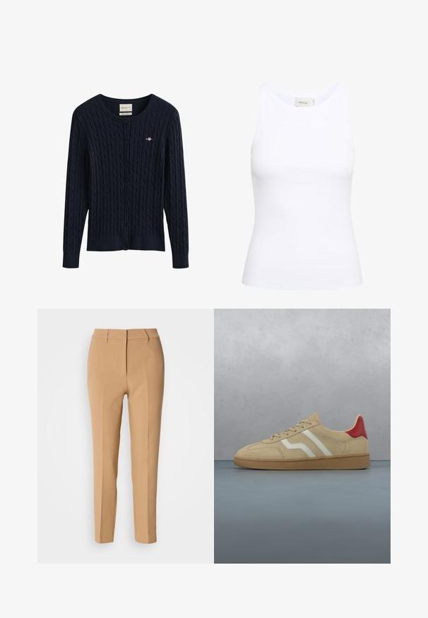 Mørkeblå kabelstrikket cardigan med knapper, lange ærmer og en lille broderet logo på brystet.; Hvid ribbet tanktop med rund halsudskæring og uden ærmer. Strækbart stof og tætsiddende design. Etiketten bagpå viser "GESTUZ."; Beige skræddersyede bukser lavet af glat stof, med flad front, bæltestropper og to sidelommer; slim fit med lige ben design.; Beige ruskindssneaker med rød hældetalje, hvide striber og en tekstureret tanfarvet gummisål. Har snørebånd og glat inderside.