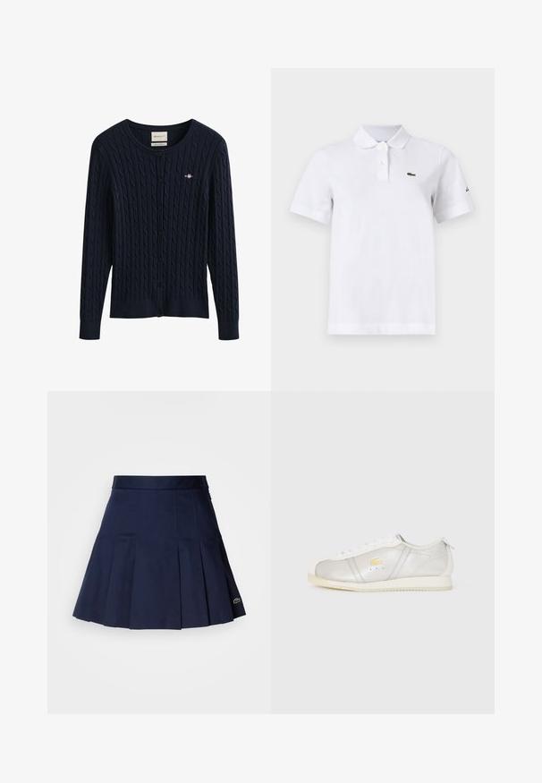Marineblauer, kabelgestrickter Cardigan mit Knöpfen, langen Ärmeln und einem kleinen bestickten Logo auf der Brust.; Weißes Poloshirt mit kurzen Ärmeln, zwei Knöpfen, einem kleinen grünen Krokodil-Logo auf der linken Brust und einem dezenten schwarzen Logo auf dem linken Ärmel.; Marineblauer Faltenrock mit einem taillierten Bund, aus einem glatten Stoff gefertigt. Verfügt über ein kleines Lacoste-Logo am Saum.; Weiße Leder-Sneaker mit beigem Sohlenrand, weißen Schnürsenkeln und einem kleinen gelben Krokodil-Logo an der Seite.
