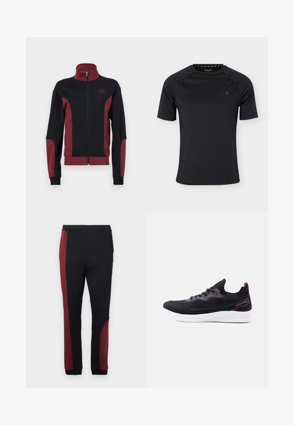 Veste de sport noire et bourgogne avec un col haut, fermeture éclair complète, tissu texturé et poignets élastiques. Présente un logo sur la poitrine.; T-shirt de sport noir à manches courtes avec col rond et petit logo sur la poitrine gauche, présenté sur un fond clair uni.; Jogging noir avec un panneau latéral bordeaux, une taille élastique et des poignets. Fabriqué à partir d'un tissu lisse et extensible pour le confort.; Baskets de sport noires en tricot avec semelle blanche, accents rouges, lacets, et marquage "JACK & JONES" sur le côté talon.