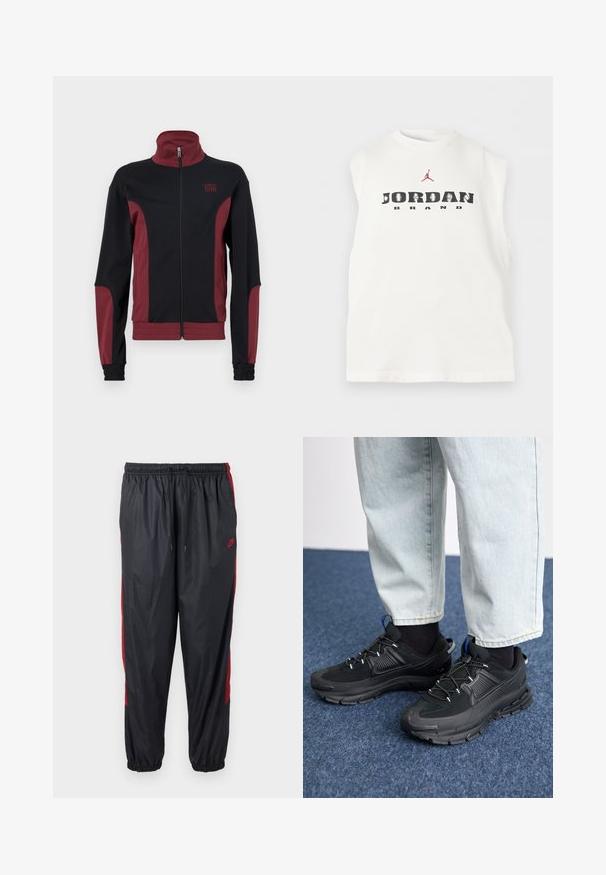 Zwarte en bordeauxrode sportjack met een hoge kraag, volledige rits, textuurstof en elastische manchetten. Heeft een logo op de borst.; Wit mouwloos shirt met de tekst "JORDAN BRAND" en een rood Jumpman-logo boven de tekst op het borstgedeelte.; Zwarte Nike hardloopbroek met rode zijkstrepen, elastische tailleband met trekkoord en elastische boorden.; Zwarte sportschoenen met gestructureerde stof en rubberen zolen, met elastische veters en een blauwe accent op de hiel. Draag samen met lichte spijkerbroeken.