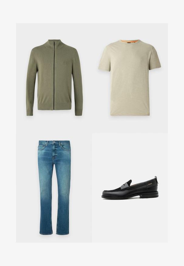Suéter de cremallera en verde oliva, hecho de un suave material de punto, que presenta un alto cuello y puños y dobladillo acanalados. Incluye un logo discreto.; Camisa de manga corta verde claro hecha de un tejido texturizado. Presenta un cuello redondo y un pequeño logotipo en relieve "BOSS" en el pecho.; Vaqueros de mezclilla azul con corte recto, con un acabado desgastado, ligero deterioro en las rodillas y diseño clásico de cinco bolsillos.; Mocasín de cuero negro con detalle de tira gris, tacón bajo y suela texturizada, con la marca "HUGO" en oro en el lateral.