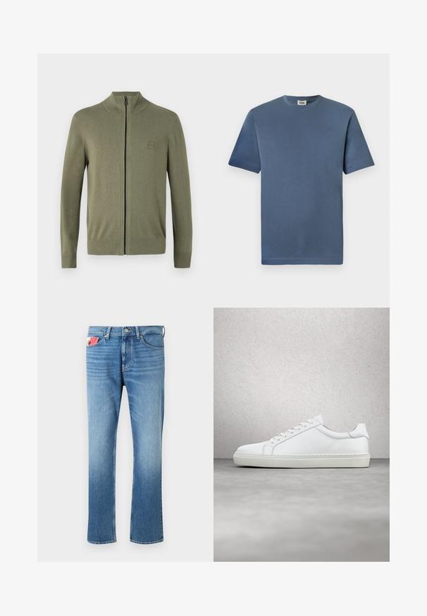 Suéter de cremallera en verde oliva, hecho de un suave material de punto, que presenta un alto cuello y puños y dobladillo acanalados. Incluye un logo discreto.; Camiseta de algodón azul con cuello redondo y mangas cortas. Presenta una textura suave y un dobladillo recto. Sin patrones o gráficos visibles.; Jeans de mezclilla azul descoloridos con corte recto, con cierre de botón, cinco bolsillos y un parche en el bolsillo delantero.; Zapatilla blanca con parte superior de cuero liso y perfil bajo. Presenta una puntera redondeada, seis ojales y una suela de goma texturizada.