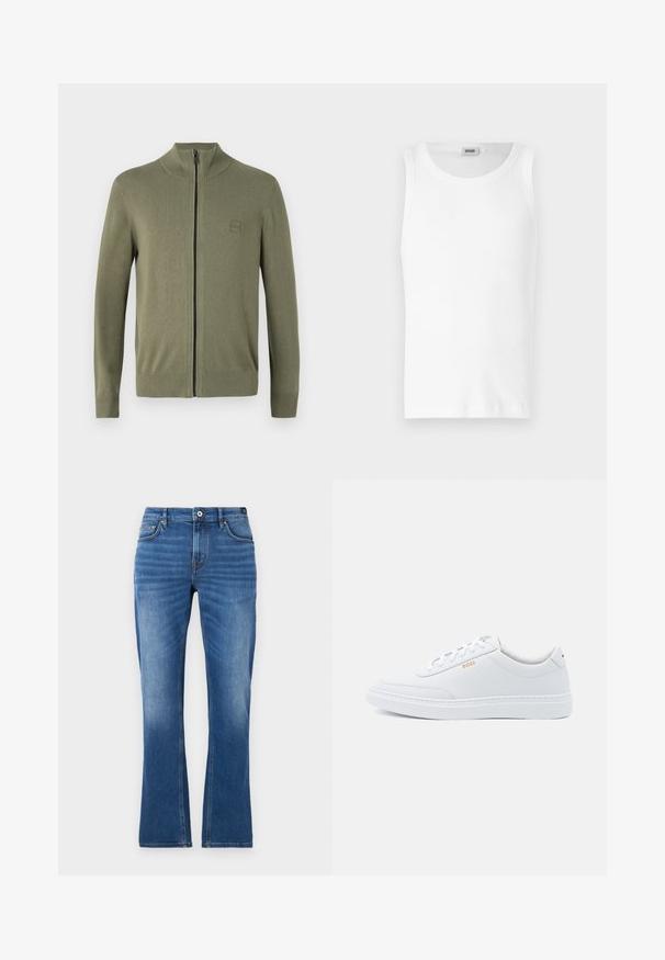 Suéter de cremallera en verde oliva, hecho de un suave material de punto, que presenta un alto cuello y puños y dobladillo acanalados. Incluye un logo discreto.; Camiseta sin mangas de algodón blanco con cuello redondo y una textura suave. Diseño sencillo, sin patrones ni acentos.; Vaqueros acampanados de mezclilla en azul medio. Presentan un diseño de cinco bolsillos, detalles cosidos, un cierre de botón y una textura ligeramente desgastada en las piernas.; Zapatillas de cuero blanco con textura suave, puntera redondeada y costuras tonales. Cuentan con cordones azules y un logo dorado en el lateral.