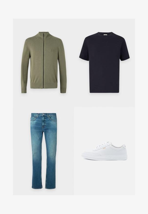 Olivengrøn zip-up sweater, lavet af blødt strikmateriale, med høj krave og ribafslutninger ved ærmer og kant. Inkluderer et diskret logo patch.; Marineblå bomulds T-shirt med rund halsudskæring, korte ærmer og afslappet pasform; glat tekstur; ingen synlige mønstre eller hardware.; Blå denimjeans med lige skæring, der har en falmet finish, let slid på knæene og klassisk fem-lomme design.; Hvide lædersneakers med glat tekstur, rund tå og ton-i-ton syning. Har blå snørebånd og et gult logo på siden.