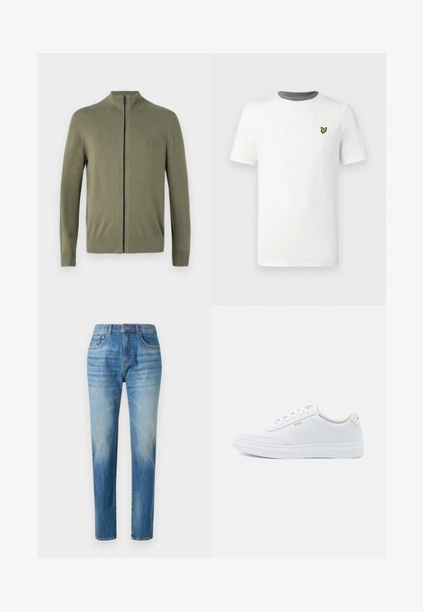 Olijfgroen zip-up sweater, gemaakt van zacht breimateriaal, met een hoge kraag en geribde manchetten en zoom. Inclusief een discreet logo patch.; Wit katoenen t-shirt met een ronde hals, korte mouwen en een grijze halsboord; heeft een klein geel geborduurd logo op de borst.; Lichtblauwe denim jeans met een rechte pijp, voorzien van een hoge taille, subtiele vervaging en klassieke vijf-pocket stijl. Metalen knoopsluiting.; Witte leren sneakers met een gladde textuur, ronde neus en tonale stiksels. Voorzien van blauwe veters en een gouden logo op de zijkant.