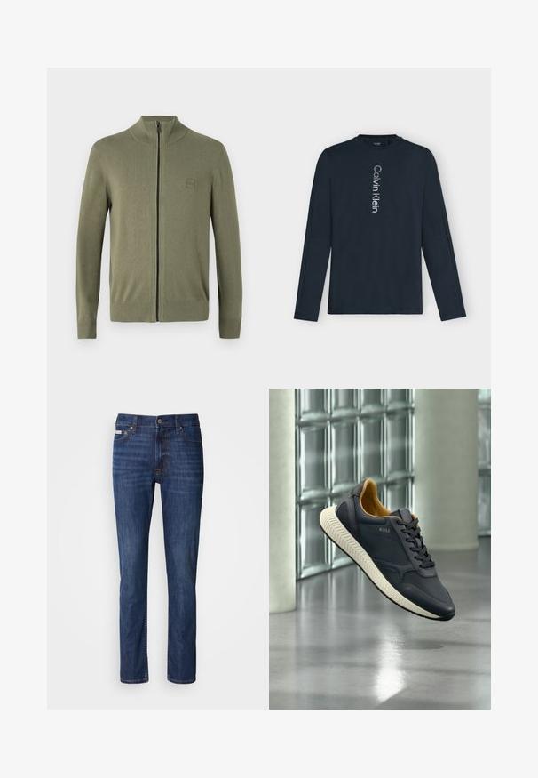 Olivengrøn zip-up sweater, lavet af blødt strikmateriale, med høj krave og ribafslutninger ved ærmer og kant. Inkluderer et diskret logo patch.; Marineblå langærmet skjorte med lodret hvid "Calvin Klein" tekst centreret foran og rund halsudskæring.; Mørkeblå denimjeans med lige snit, fem-lomme design, knaplukning og subtilt falmet detaljearbejde foran.; Sort BOSS sneaker med hvid sål og tan indre, der svæver over en poleret betongulv nær en glasstensvæg.
