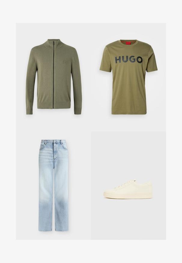 Olivengrøn zip-up sweater, lavet af blødt strikmateriale, med høj krave og ribafslutninger ved ærmer og kant. Inkluderer et diskret logo patch.; Oliven grøn bomulds t-shirt med rund hals og en fed sort "HUGO" logo på tværs af brystet, korte ærmer og en glat overflade.; Lyseblå, højtaljede jeans med rette ben, forlommer, bæltestropper og knaplukning.; Sneaker i cremefarve med en glat læderoverdel, rundet tå, snørelukning foran og en tekstureret gummisål. Minimalistisk design uden logoer.