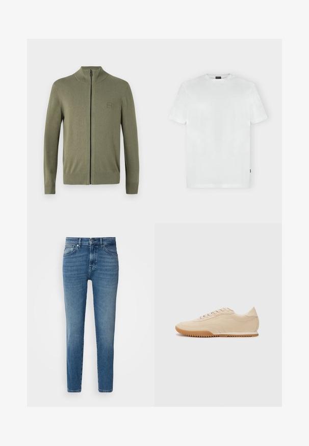 Olijfgroen zip-up sweater, gemaakt van zacht breimateriaal, met een hoge kraag en geribde manchetten en zoom. Inclusief een discreet logo patch.; Wit T-shirt met korte mouwen en ronde hals, met een subtiel logo op de linkerbuste en een klein zwart labeltje in de linker zijnnaad.; Lichtblauwe denim jeans met een rechte pasvorm, traditionele vijf-pocket stijl, metalen knoopsluiting en subtiele vervaging aan de voorkant.; Beige suede sneakers met een gestroomlijnd ontwerp, voorzien van een textuur bovenwerk, ronde neus en een rubberen zool met een zigzagpatroon.