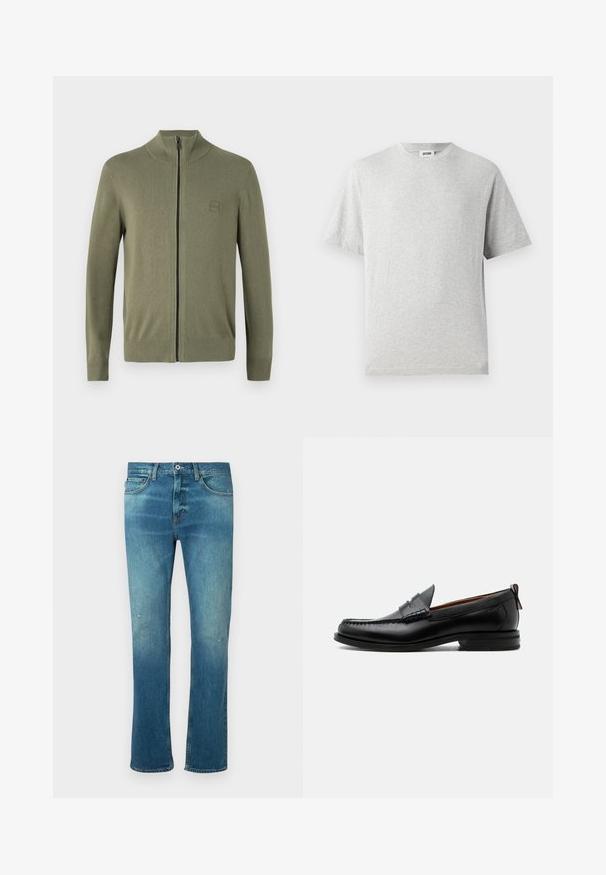 Sweatshirt zippé vert olive, en matériau tricoté doux, avec un col haut et des poignets et un ourlet côtelés. Comprend une étiquette logo discrète.; T-shirt gris à manches courtes en tissu doux. Il présente un col rond, une coupe décontractée, et ne comporte ni motifs ni logos. Texture lisse sur l'ensemble.; Jean en denim bleu avec une coupe droite, présentant une finition délavée, des distresses légères au niveau des genoux et un design classique à cinq poches.; Mocassin homme en cuir noir avec couture moc toe, bride penny, col texturé et petit talon empilé sur fond blanc.