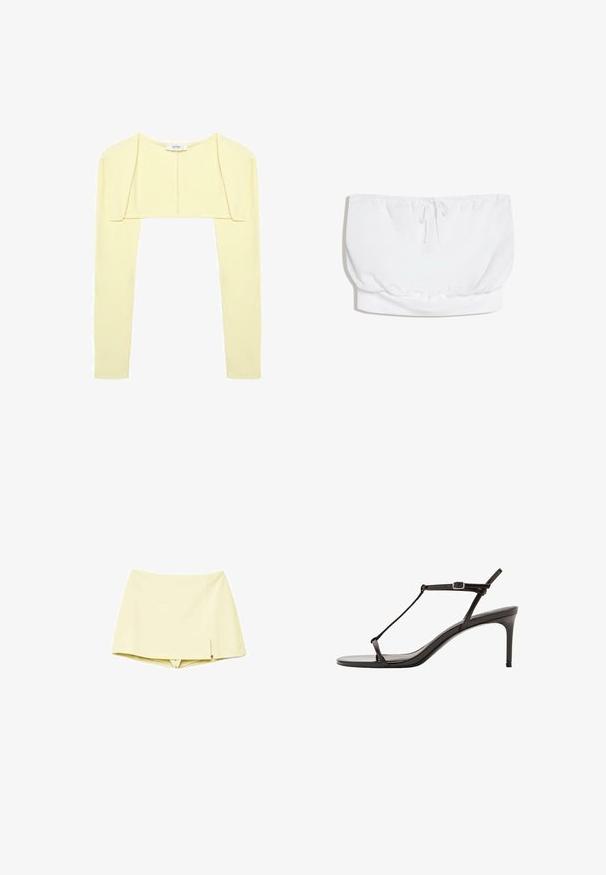 Boléro court jaune pâle à manches longues et encolure ronde, confectionné en tissu doux.; Top tube blanc sans bretelles avec un cordon de serrage au centre et un ourlet élastiqué en bas.; Minijupe-short jaune clair avec une petite fente latérale, combinant une jupe devant et un short intégré dessous, présentée sur un fond blanc.; Sandale à talon pour femme en cuir noir brillant, avec une fine lanière en T et une boucle de cheville ajustable, talon moyen mince.