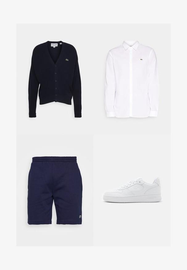 Cardigan bleu marine en tissu doux, avec un col en V, des manches longues, six boutons sur le devant, et un petit logo vert sur la poitrine.; Chemise blanche à manches longues en coton, avec un col à boutons, un logo brodé vert sur la poche gauche et des poignets droits.; Shorts en coton bleu marine avec une taille élastique, arborant un petit logo vert sur le bas de la jambe gauche et une texture lisse.; Baskets en cuir blanc avec une boîte à orteils perforée, des lacets plats et un col rembourré. Présente un logo en relief sur le côté et une semelle en caoutchouc texturée.
