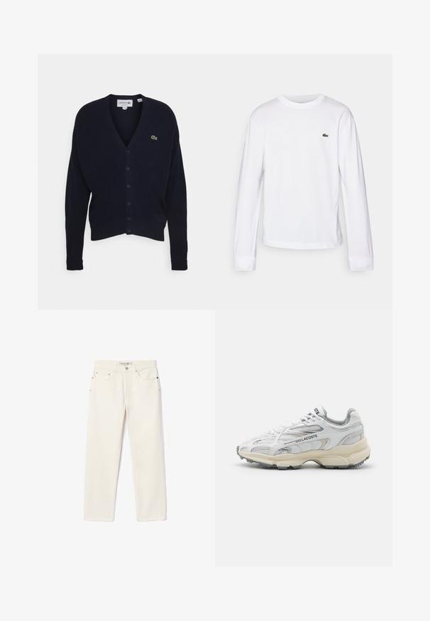 Navy vest gemaakt van zachte stof, met een v-hals, lange mouwen, zes knoopsluitingen en een klein groen logo op de borst.; Witte lange mouwen T-shirt van katoen. Beschikt over een geribbelde ronde hals en een klein groen geborduurd logo op de borst. Eenvoudig ontwerp.; Crème-kleurige denim jeans met een rechte pijp, voorzien van twee voorzakken, een knoopsluiting en subtiele branding nabij de tailleband.; Witte sportieve schoenen met grijze accenten, bovenwerk van mesh en synthetisch materiaal, vetersluiting en een geprofileerde rubberen zool met looppatronen.