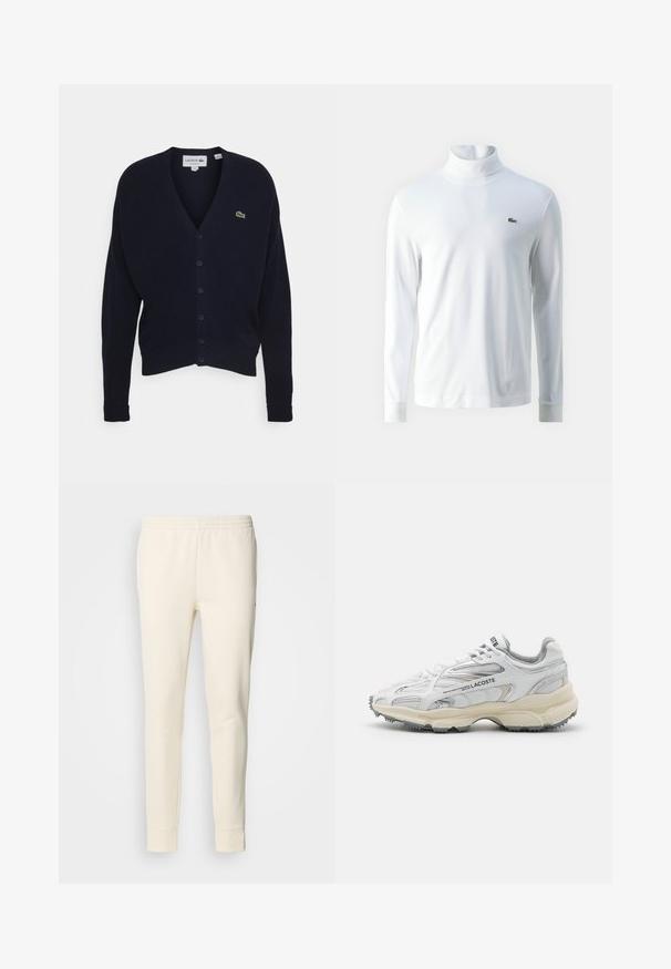 Navy vest gemaakt van zachte stof, met een v-hals, lange mouwen, zes knoopsluitingen en een klein groen logo op de borst.; Witte lange mouw turtleneck shirt van zachte stof, met een klein groen geborduurd logo op de borst en aansluitende manchetten.; Crème-kleurige joggingsbroek van zachte stof, met een elastische tailleband, taps toelopende benen en afgesloten enkels. Eenvoudig ontwerp zonder patronen.; Witte sportieve schoenen met grijze accenten, bovenwerk van mesh en synthetisch materiaal, vetersluiting en een geprofileerde rubberen zool met looppatronen.