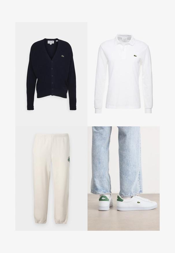 Navy vest gemaakt van zachte stof, met een v-hals, lange mouwen, zes knoopsluitingen en een klein groen logo op de borst.; Witte poloshirt met lange mouwen van katoen, met een klassieke kraag en een klein groen Lacoste-logo op de borst. Glad textuur.; Lichtbeige sweatpants van katoen, met een elastische tailleband, geribde boorden en een groen logo met een bladerenontwerp op het linkerpand.; Witte leren sneakers met groene accenten op de hiel en geborduurd logo. Glad textuur, low-top ontwerp, gecombineerd met lichtblauwe jeans.
