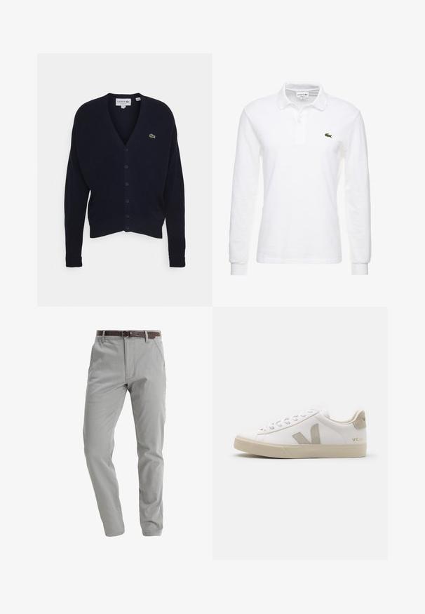 Navy vest gemaakt van zachte stof, met een v-hals, lange mouwen, zes knoopsluitingen en een klein groen logo op de borst.; Witte poloshirt met lange mouwen van katoen, met een klassieke kraag en een klein groen Lacoste-logo op de borst. Glad textuur.; Lichtgrijze broek van zacht materiaal, met een recht gesneden ontwerp, voorzakken en een bruine leren riem voor het sluiting.; Witte leren sneaker met beige accenten, platte rubberen zool, ronde neus en contrasterend logo aan de zijkant en achterkant. Vetersluiting.