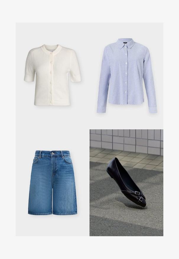 Cardigan blanc à manches courtes boutonné avec col, poignets et ourlet côtelés, fabriqué dans un tissu doux et texturé.; Chemise à manches longues boutonnée, avec des rayures verticales blanches et bleu clair et un col pointu, présentée sur un fond uni.; Short en jean bleu avec bouton et fermeture éclair à l'avant, passants pour ceinture, deux poches avant et un lavage légèrement délavé.; Ballerine plate noire à bout pointu avec deux petites boucles argentées flottant au-dessus de l'asphalte près d'un mur carrelé en arrière-plan.