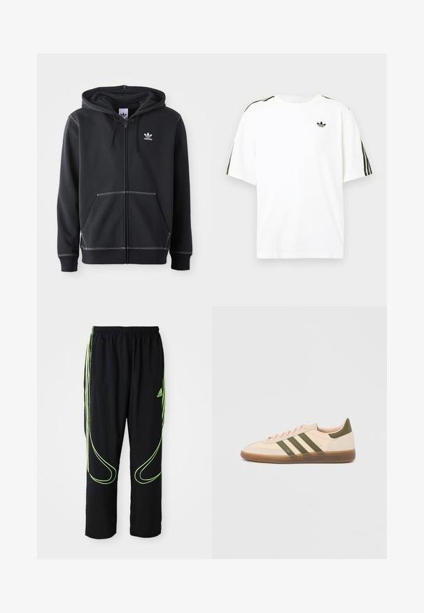 Čierna mikina na zips vyrobená z mäkkého materiálu, ktorá má predné vrecko typu kangaroo, biele švy a malé biele logo na hrudi.; Biela bavlnená tričko s krátkymi rukávmi, s čiernymi trojpruhmi na pleciach a malým čiernym logom na hrudi.; Čierne atletické nohavice Adidas s neonovo zelenými zakrivenými líniami a tromi pruhmi po stranách, elastickým pásom a logom Adidas na prednom stehne.; Nízky béžový tenisky Adidas Spezial so zelenými pruhmi, gumovou podrážkou a nápisom „SPEZIAL“ na boku, zobrazené z vonkajšej strany.