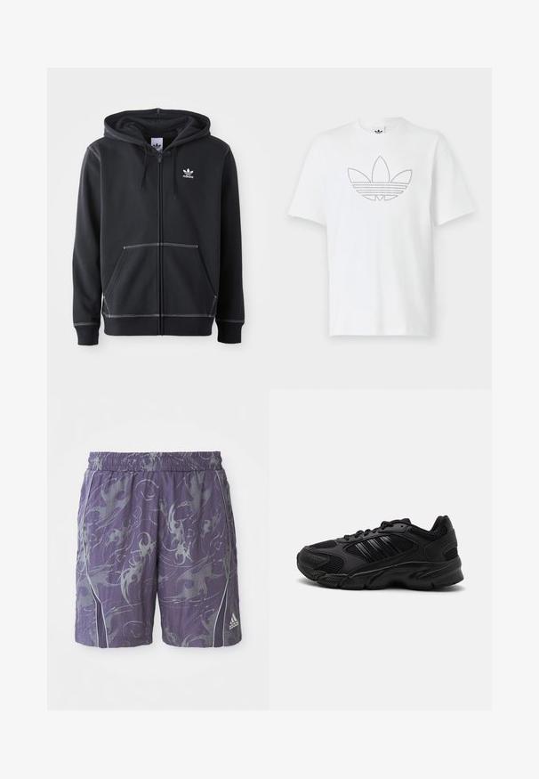 Čierna mikina na zips vyrobená z mäkkého materiálu, ktorá má predné vrecko typu kangaroo, biele švy a malé biele logo na hrudi.; Biely bavlnený tričko s bodkovaným čiernym obrysom loga trefoil na prednej strane. Krátke rukávy a okrúhly výstrih.; Fialové športové šortky s abstraktnými striebornými vzormi, elastický pás, bočné lemovanie a logo Adidas na spodnej pravej nohe.; Čierne športové topánky s kombináciou priedušnej sieťoviny a syntetických materiálov. Výrazná štruktúrovaná podrážka a tri čierne pruhy na strane.