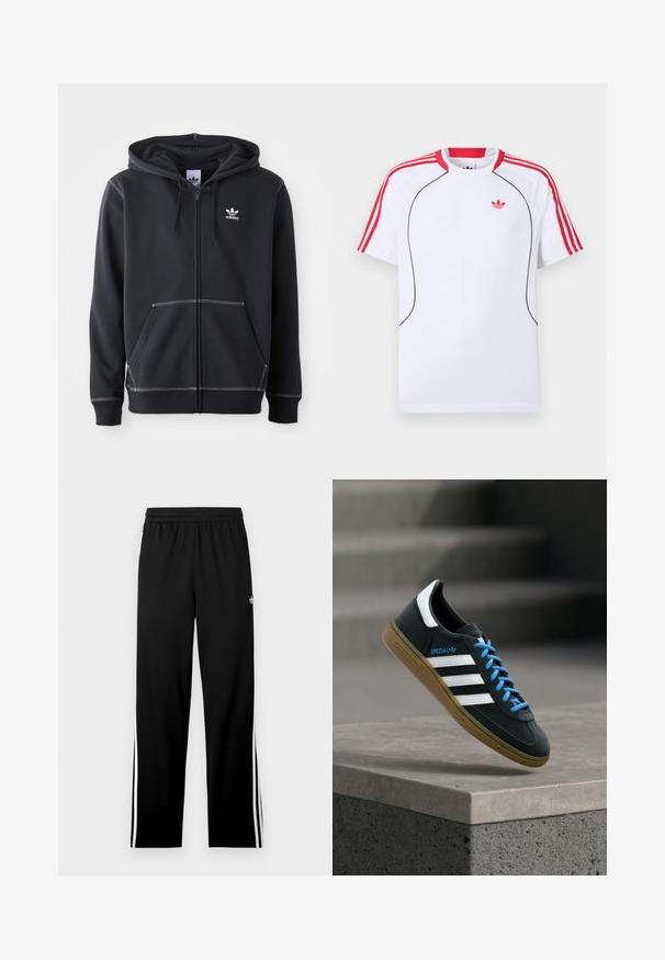 Čierna mikina na zips vyrobená z mäkkého materiálu, ktorá má predné vrecko typu kangaroo, biele švy a malé biele logo na hrudi.; Biele športové tričko s krátkym rukávom, s červenými pruhmi na ramenách a rukávoch, čiernym lemovaním vpredu a červeným logom Adidas trefoil na hrudi.; Čierne športové nohavice z sieťoviny, s rovno strihaným dizajnom, elastickým pásom a bielymi bočnými pásikmi. Zobrazené športové logo.; Čierna teniska Adidas s bielymi pruhmi, modrými šnúrkami a gumovou podrážkou, ktorá sa vznáša nad sivým betónovým schodom v mäkkom svetle.