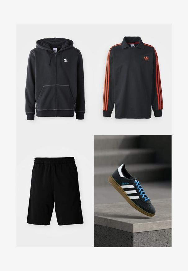 Čierna mikina na zips vyrobená z mäkkého materiálu, ktorá má predné vrecko typu kangaroo, biele švy a malé biele logo na hrudi.; Čierny polo s dlhým rukávom a golierom, s červenými pruhmi na rukávoch a malým červeným logom na hrudi. Hladká textúra látky.; Čierne športové šortky vyrobené zo syntetického materiálu, s elastickým pásom a bočnými vreckami. Hladká textúra bez viditeľných vzorov.; Čierna teniska Adidas s bielymi pruhmi, modrými šnúrkami a gumovou podrážkou, ktorá sa vznáša nad sivým betónovým schodom v mäkkom svetle.