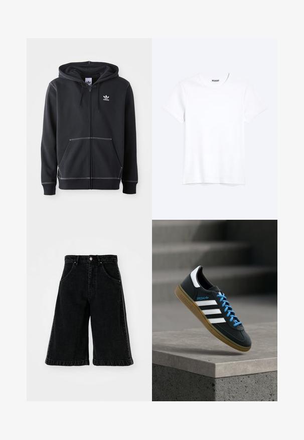 Sudadera con cremallera negra hecha de un tejido suave, con un bolsillo canguro en la parte frontal, detalles de costura blanca y un pequeño logo blanco en el pecho.; Camiseta blanca lisa de cuello redondo y manga corta con una etiqueta visible de la marca WEEKDAY en el cuello, mostrada sobre un fondo claro.; Pantalones cortos de mezclilla negros con un diseño de pierna ancha, que cuentan con una cintura alta, pasadores para cinturón y bolsillos delanteros. Detalles de costura y herrajes minimalistas.; Zapatilla negra Adidas con franjas blancas, cordones azules y suela de goma flotando sobre un escalón de hormigón gris con luz suave.