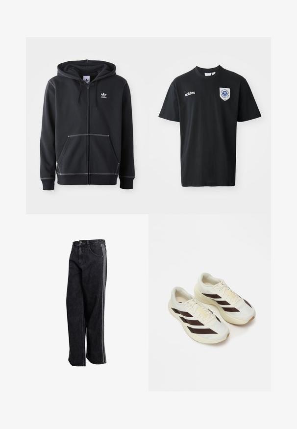 Čierna mikina na zips vyrobená z mäkkého materiálu, ktorá má predné vrecko typu kangaroo, biele švy a malé biele logo na hrudi.; Čierne tričko s krátkym rukávom vyrobené z bavlny, s okrúhlym výstrihom. Obsahuje biele logo Adidas a nášivku s modrým emblémom na ľavej hrudi.; Čierne džínsy z denimu s voľným strihom, obsahujúce bočné prúžky, klasické kovové gombíky a štandardné vrecká. Odolná tkanina s textúrovaným vzhľadom.; Svetlé krémové bežecké tenisky s tmavohnedými diagonálnymi pruhmi, textúrovaný vrch z sieťoviny a polstrovanú podrážku. Obsahujú žltú značku "ADIZERO".