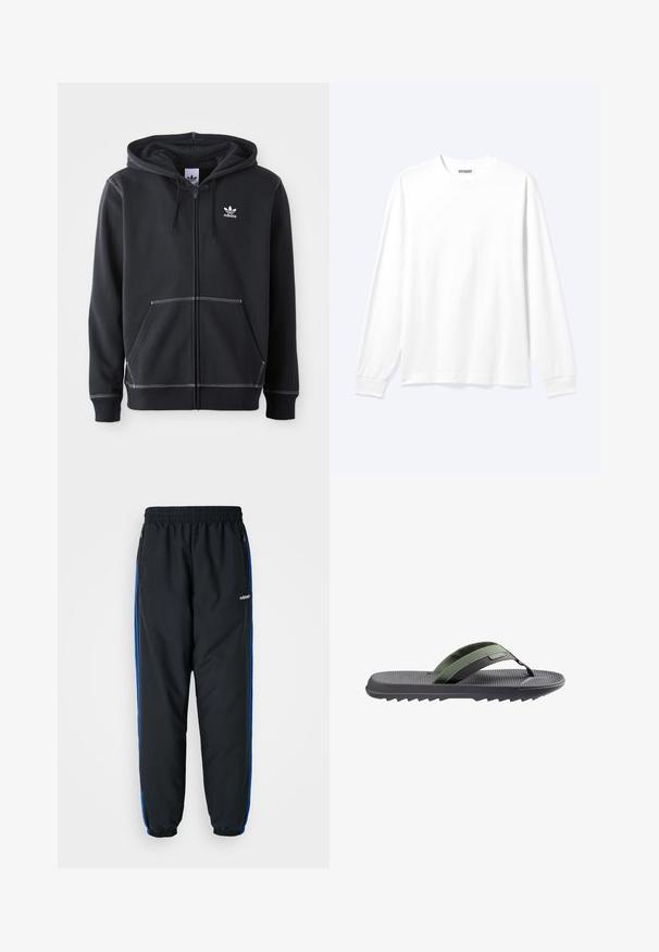 Čierna mikina na zips vyrobená z mäkkého materiálu, ktorá má predné vrecko typu kangaroo, biele švy a malé biele logo na hrudi.; Jednofarebná biela košeľa s dlhým rukávom, okrúhlym výstrihom a rebrovanými manžetami, zobrazená na neutrálnom svetlom pozadí.; Čierne športové nohavice s elastickým pásom, modrými bočnými pruhmi, vreckami na zips a zúženými manžetami pre tesný strih. Vyrobené z ľahkého materiálu.; Pánske žabky s tmavosivou a olivovo zelenou textúrovanou podrážkou, hrubým polstrovaným remienkom a flexibilným ryhovaným dnom.